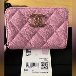 🆕 Chanel 23P Diamond Lattice Collection Pink Zip Card Holder w/ Gold Hardware